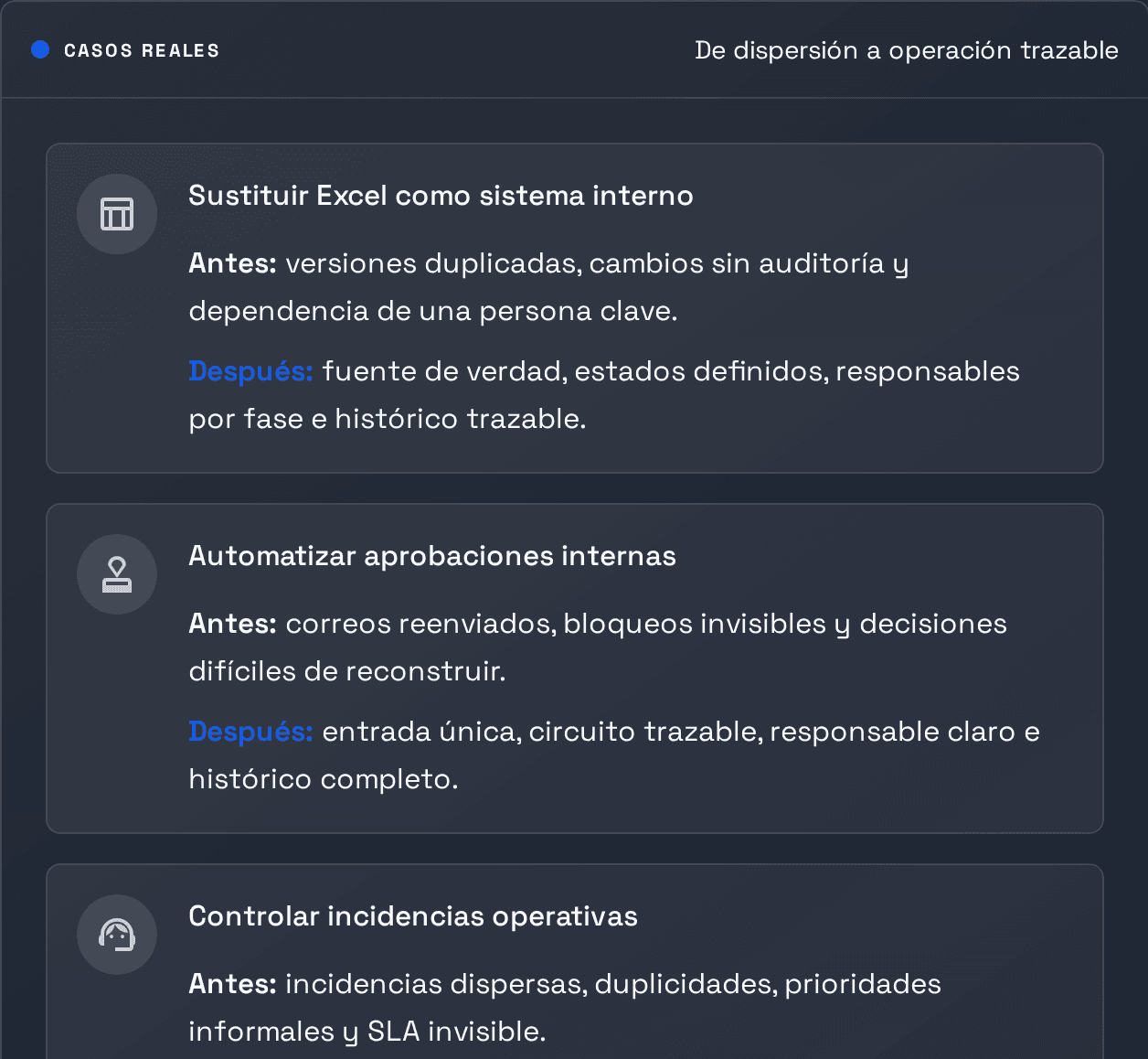 Captura desktop del panel de patrones de casos reales CORTE.App