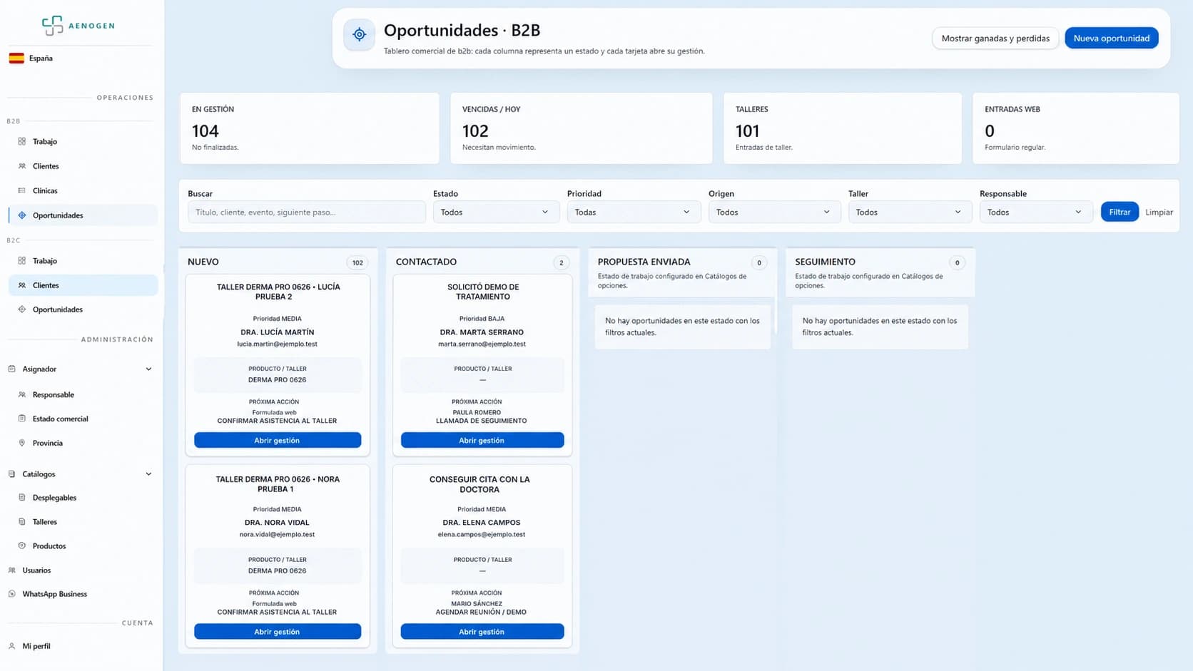 CRM de Aenogen con oportunidades comerciales organizadas por estado
